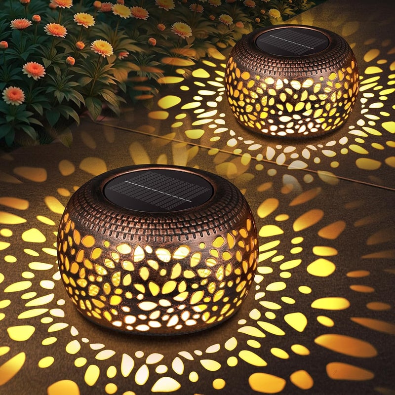 NFEVER Solar Lanterns Outdoor Waterproof Decor: 2 Pack Red Copper Hollow Out Retro Metal Solar Lights - Unique Gardening Gifts for Women Mom - Outside Patio Porch Yard Tabletop Decorations 2 Lighting Modes - Image 1